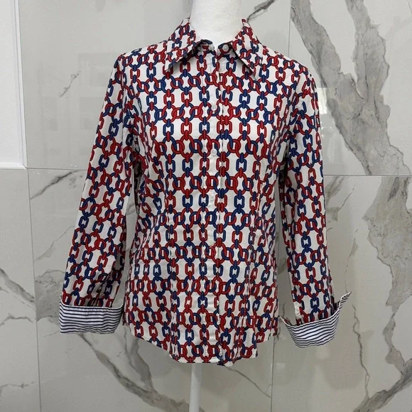 Jones New York Red Blue Geometric Chain Link Button Down Shirt Size S - Picture 2 of 8
